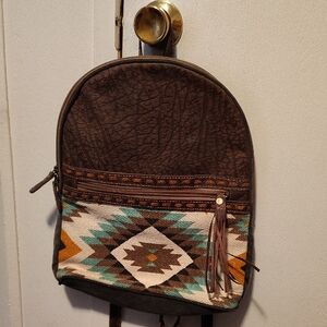 Myra Bag Brown and Teal Geometric Backpack